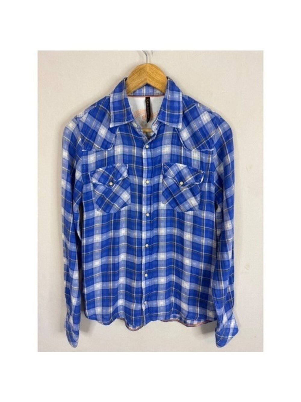 Nudie Jeans Co Mens Blue Plaid Western Snap Button Long Sleeve Shirt Size Small
